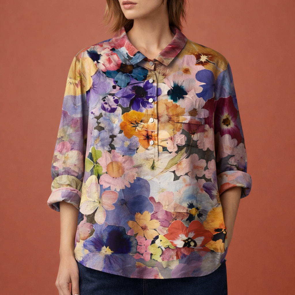 Casual dames kraagblouse met bloemenprint en lange mouwen. Ideaal voor herfst en lente.