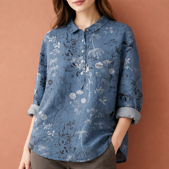 Dames casual bloemenprint blouse met lange mouwen, kraag en knoopsluiting. Trendy en praktisch.