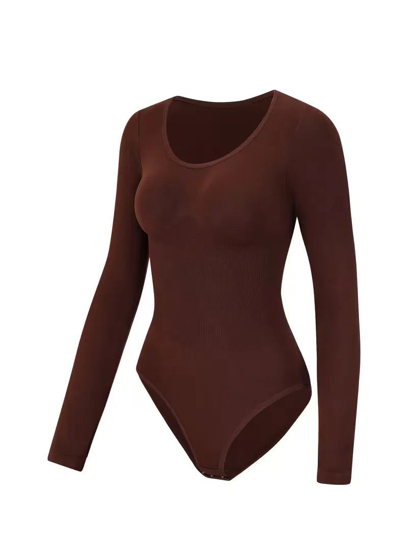 Details van de comfortabele stof van de dames bodysuit lange mouwen met ronde hals.