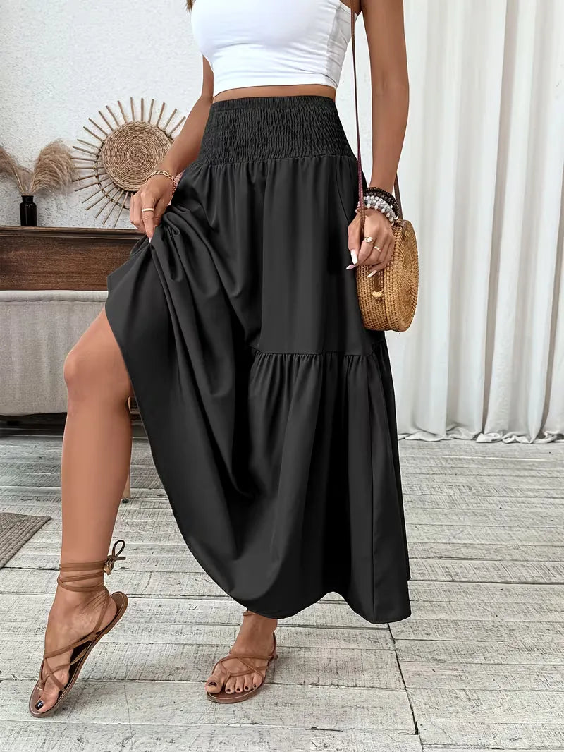Trendy dames maxi rok, A-lijn model met bohemian flair en comfortabele smock taille.