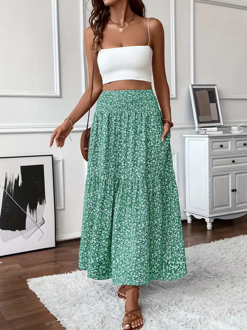 Bohemian dames A-lijn maxi rok met smock taille, een must-have zomerse rok voor casual looks.