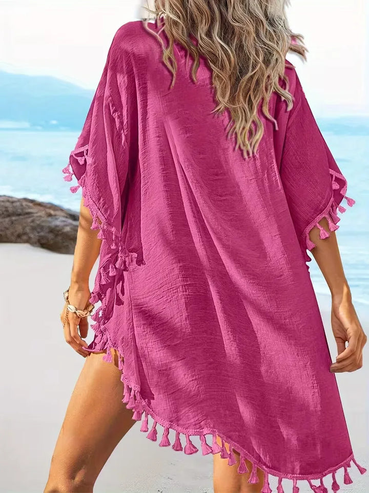 Vakantie dames cover-up, lichte bohemian strandkleding met kant en kwastjes voor ontspanning.