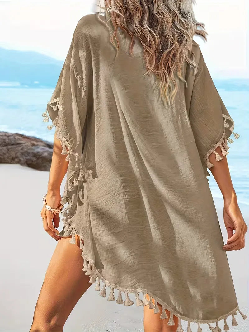 Oversized dames strand cover-up met 3/4 mouwen en losse pasvorm, ideaal voor zomer.