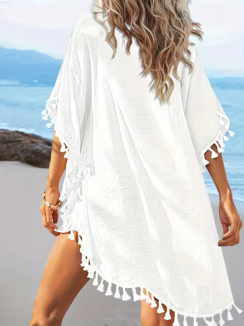 Losse dames strand cover-up, ademende zomerkleding met kant en kwastjes voor comfort.