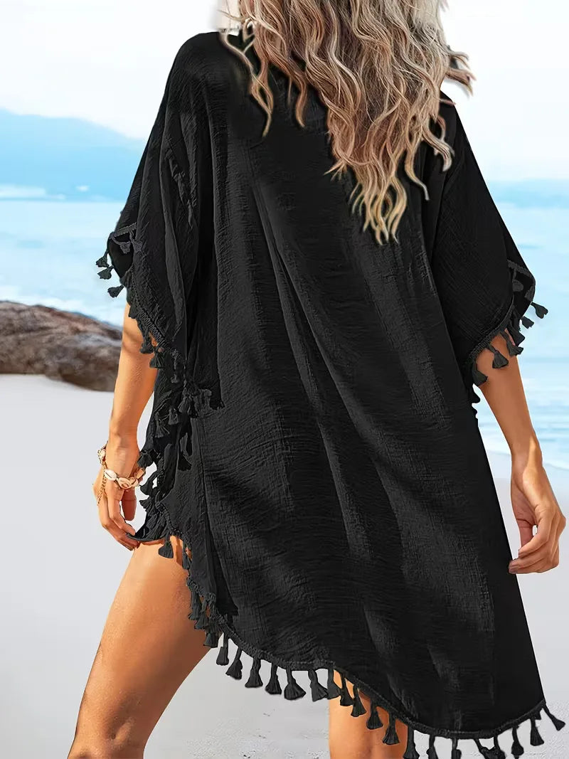 Dames cover-up strandkleding, bohemian stijl met kantafwerking en kwastjes, zomer must-have.