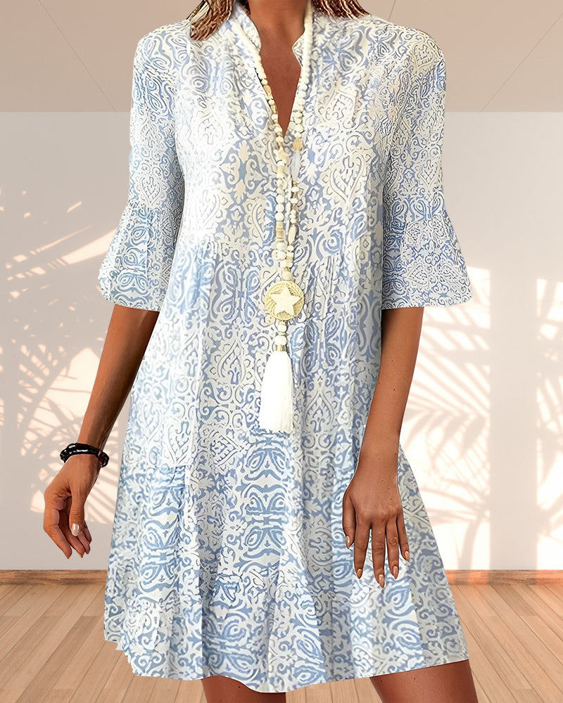 Dames Boho Ibiza midi jurk blauw, met wijde mouwen, ideaal als elegante zomerjurk voor comfortabele vrouwenmode.