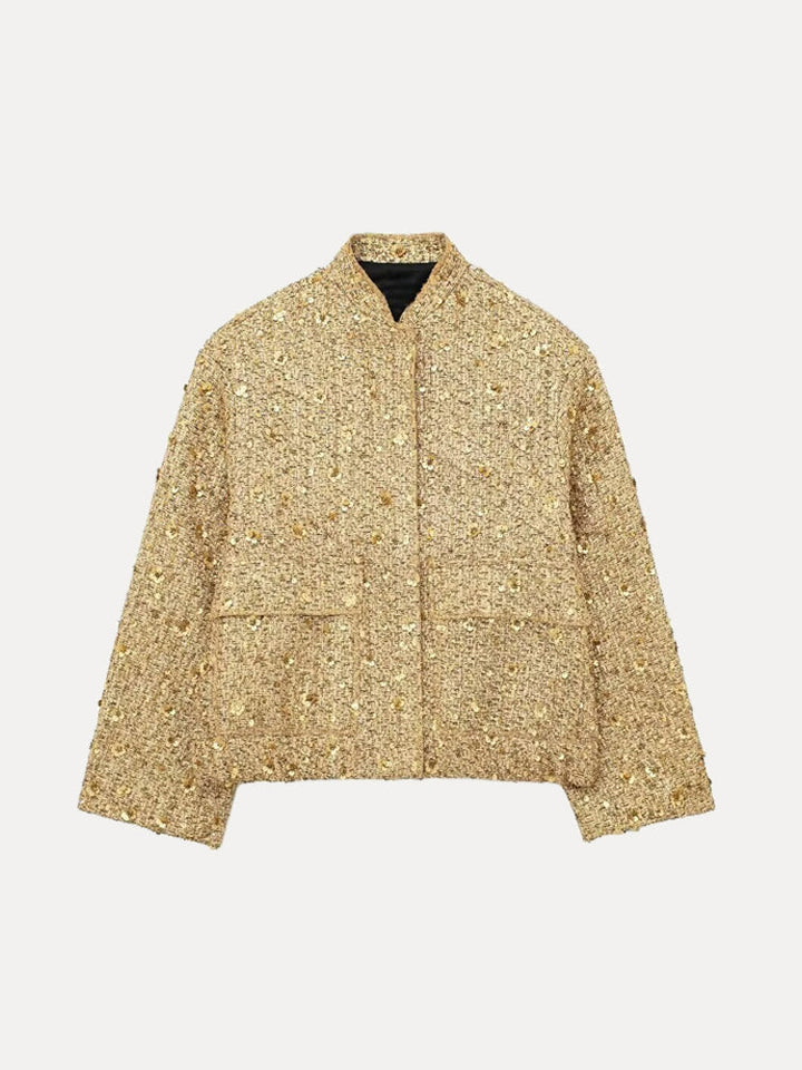 Dames bomberjack met gouden pailletten, perfect voor een feestelijke look, comfortabel en modieus.