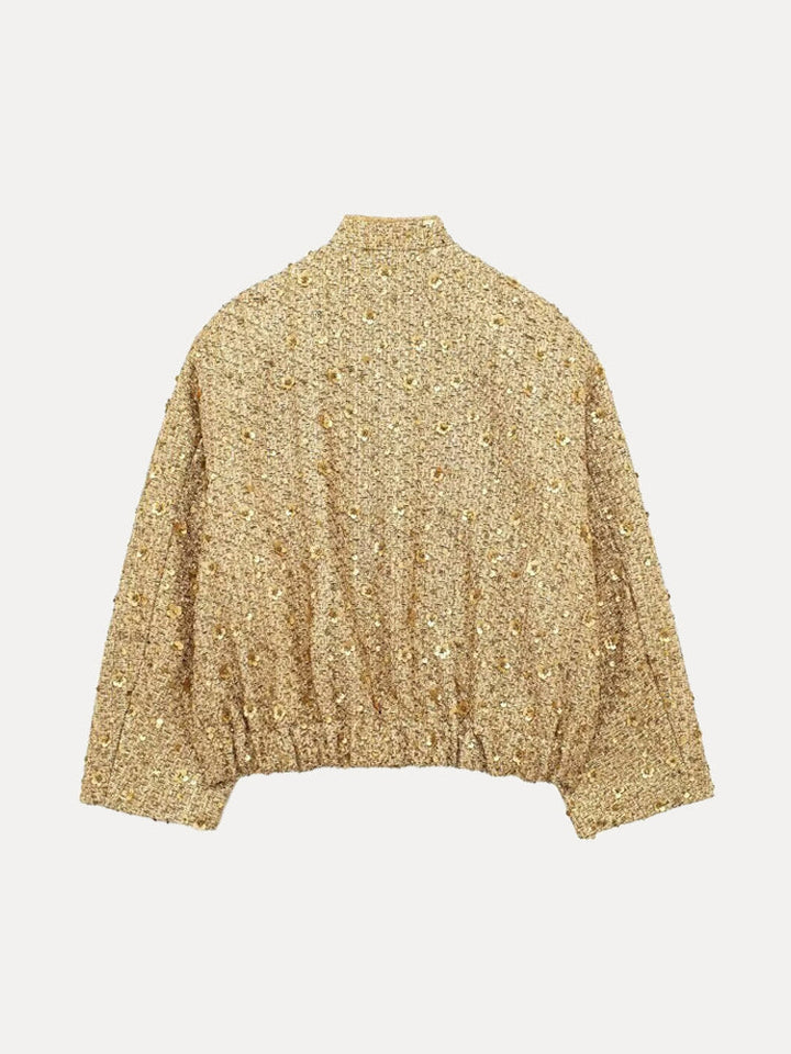 Glamoureus dames bomberjack, nieuw in de collectie, met glanzende gouden pailletten; ideaal voor feesten.