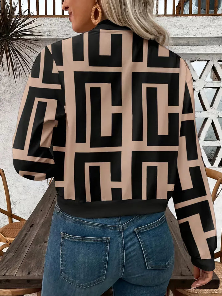 Stijlvol dames bomberjack met abstracte geometrische print. Perfecte lente/herfst jas voor casual streetwear, comfortabel polyester.
