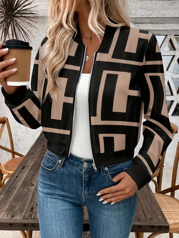 Trendy dames bomberjack van polyester met ritssluiting. Opvallende geometrische print voor een casual lente- of herfstlook.