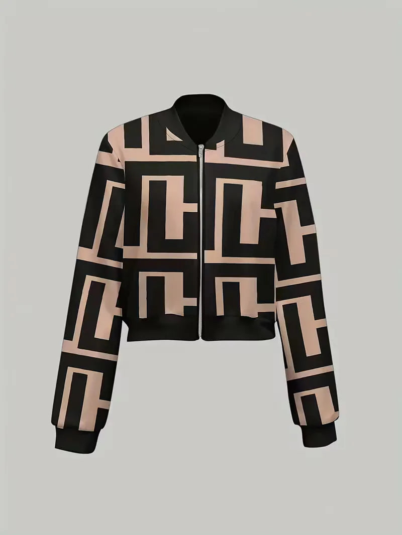 Uniek dames bomberjack met moderne geometrische print. Een trendy polyester jas met ritssluiting, ideaal voor lente en herfst.