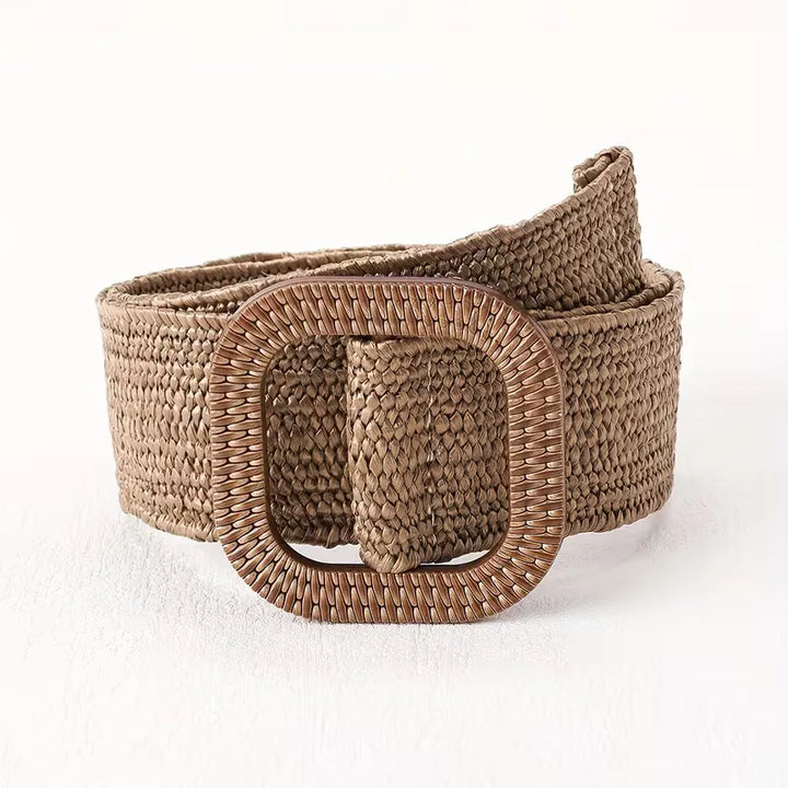 Kameelbruine dames brede riem met opvallende grote gesp, een must-have voor bohemian zomeroutfits.