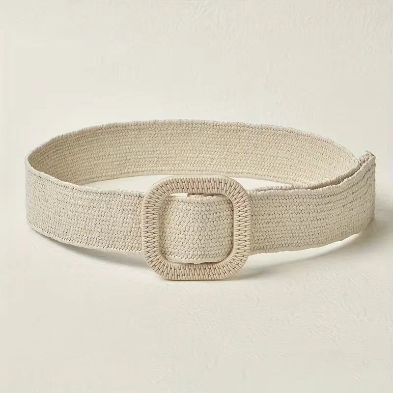 Zwarte dames brede riem met elegante grote gesp, ideaal voor een chique en moderne zomerse look.