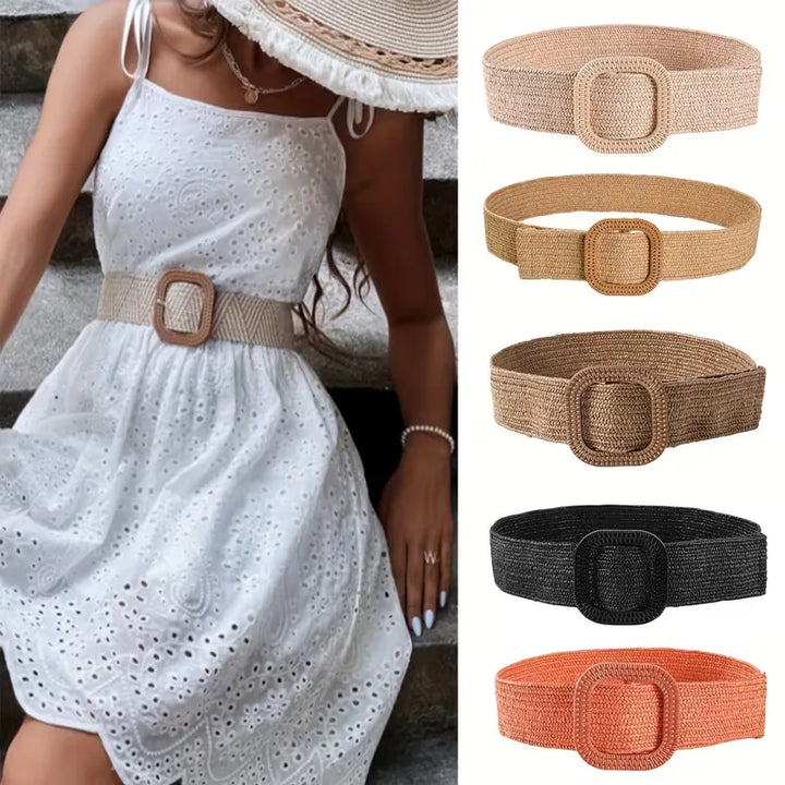 Bruine dames brede riem met grote gesp, een veelzijdig en stijlvol accessoire voor zomerse dagen.