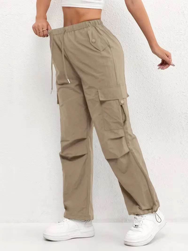 Herfst dames cargo broek, hoge taille, rechte pijpen, ideaal voor casual comfort en stijl.