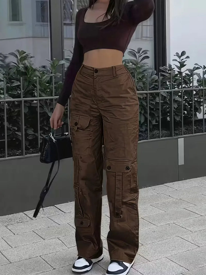Casual dames cargo broek, perfect voor herfst/winter, met comfortabele hoge taille en rechte pijp.