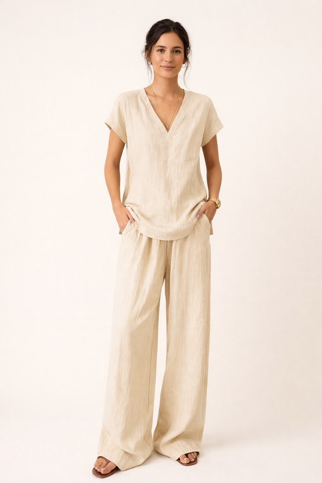 Dames casual linnen tweedelige set met V-hals, comfortabele zomerkleding met wijde broek.