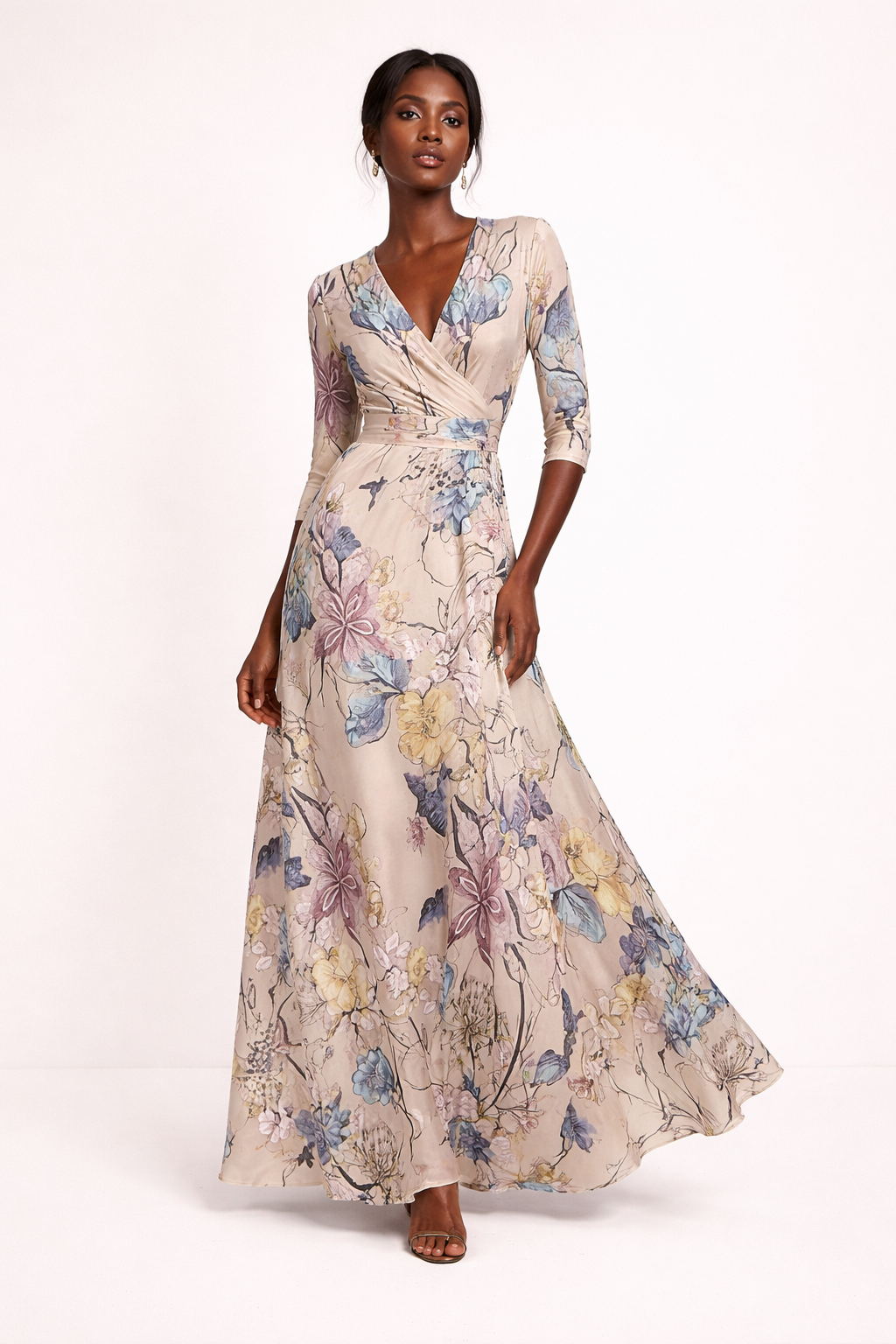 Casual dames printjurk met driekwart mouwen, V-hals en zwierige maxi-lengte, comfortabel voor elk moment.
