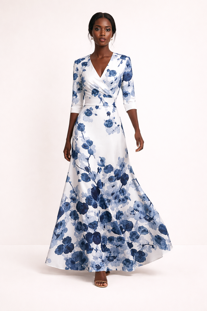 Zomerse dames maxi-jurk met trendy print en driekwart mouwen. Comfortabele casual stijl met V-hals.