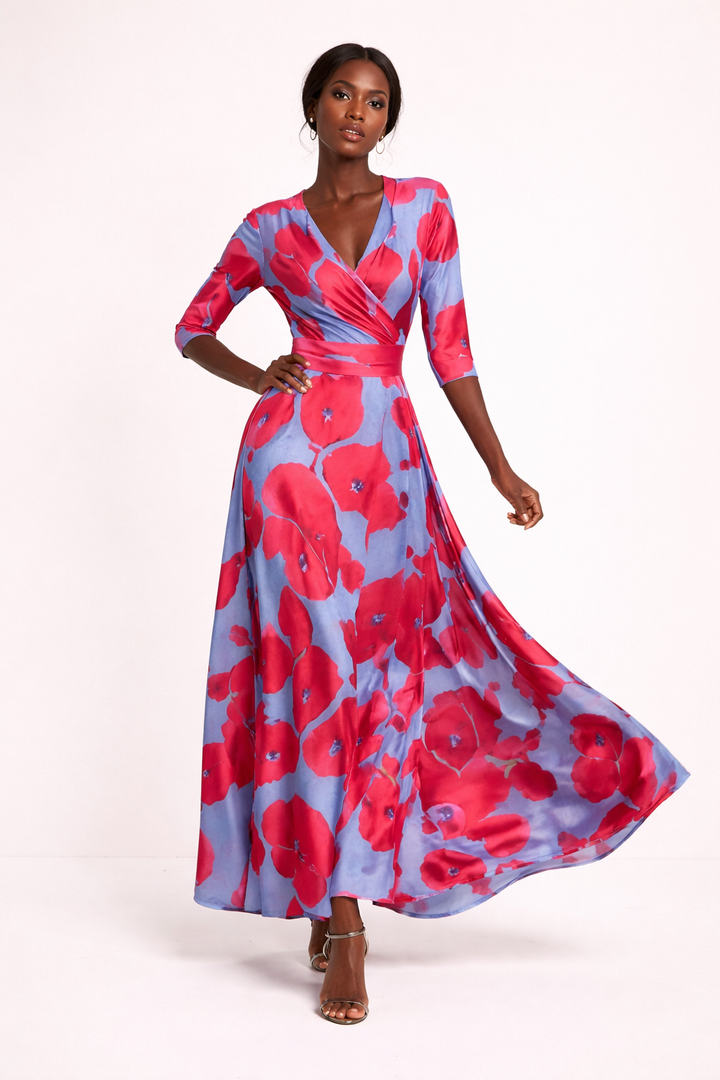 Stijlvolle casual damesjurk, maxi-lengte met print en driekwart mouw. Perfecte elegante strand- of zomerjurk.