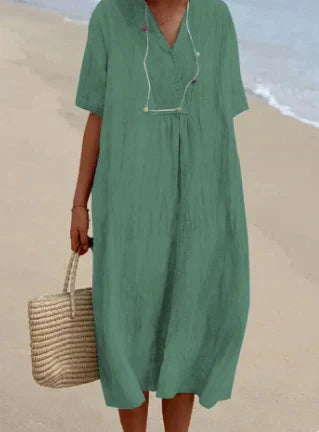 Comfortabele casual damesjurk, perfecte midi jurk voor strand, stad of een zomerse avond.