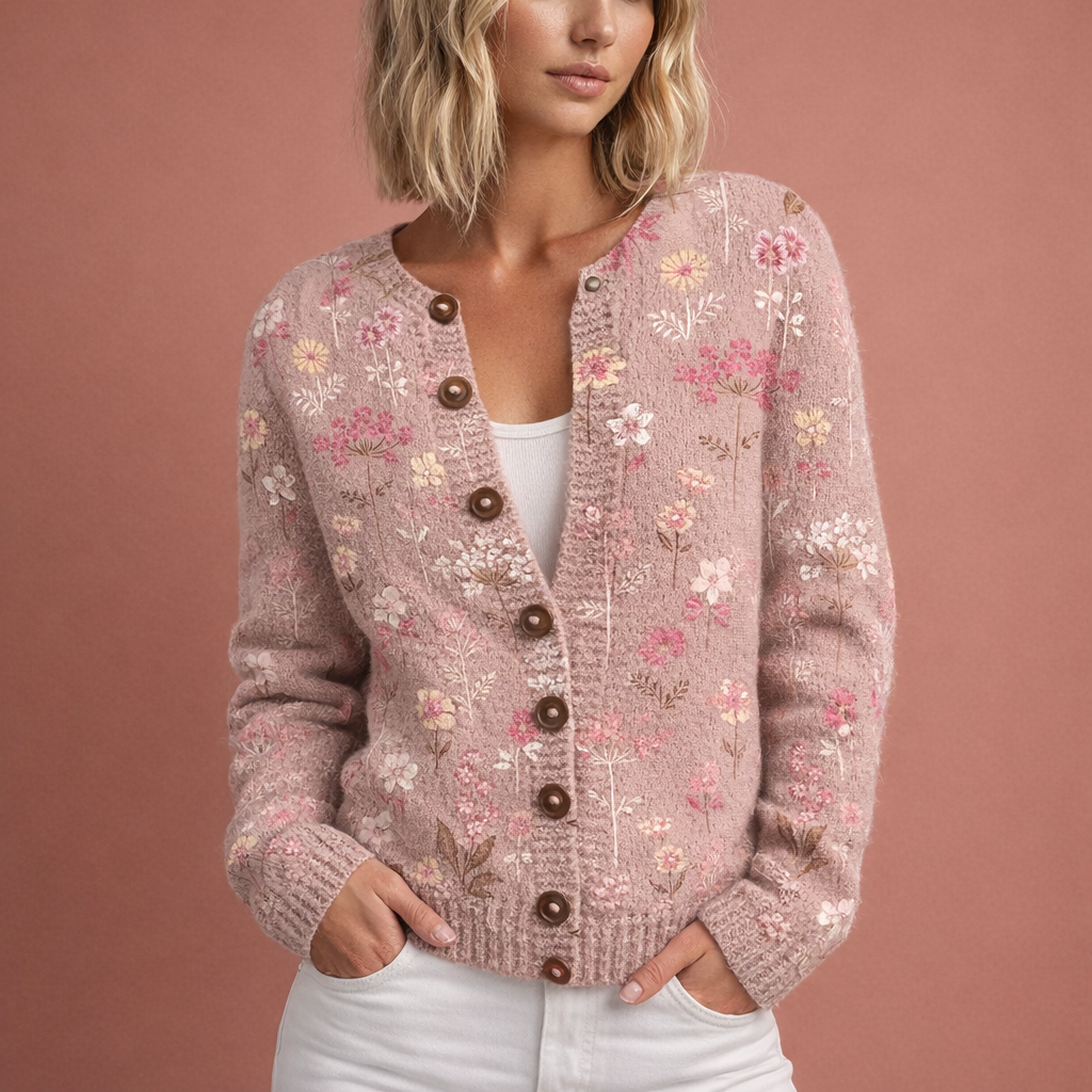 Elegant damesvest met verfijnd bloemmotief. Stijlvolle en warme cardigan, perfect voor chique looks.