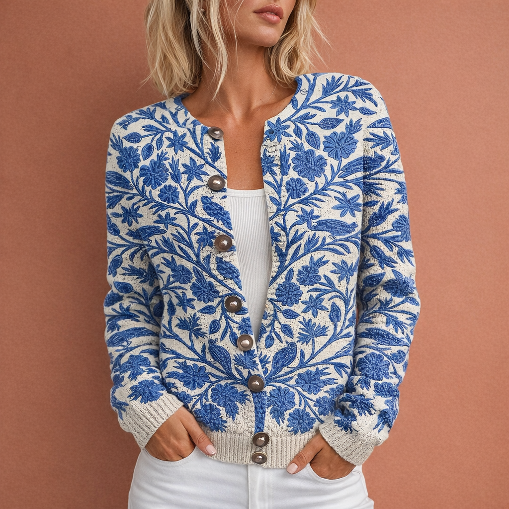 Detail van het zachte damesvest met chique bloemenpatroon. Benadrukt de kwaliteit en het comfort.