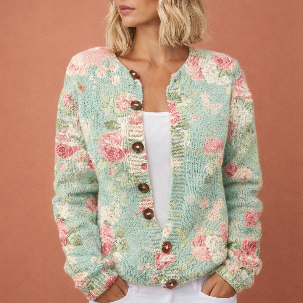 Trendy damesvest met een uniek bloemenpatroon. Een warm en comfortabel cardigan, ideaal voor de koudere dagen.
