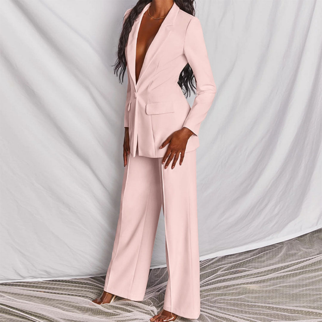 Dames jumpsuit-look: tweedelige blazer en broek set. Comfortabel en stijlvol voor werk.