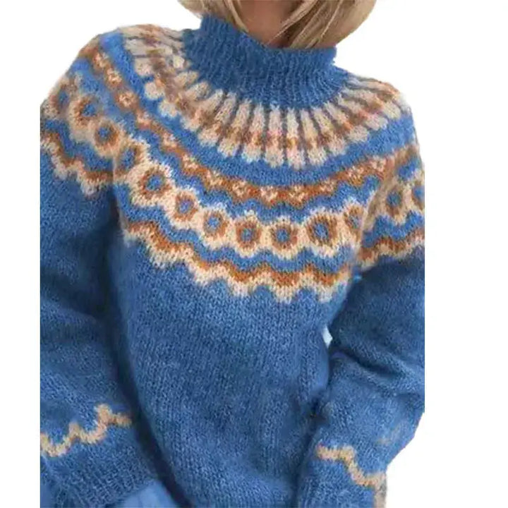 Stijlvolle dames coltrui met gedetailleerd klassiek Noors patroon. Een modieuze en warme toevoeging aan je wintergarderobe.
