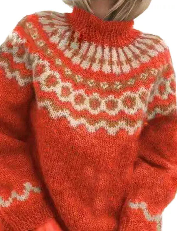 Stijlvolle dames coltrui met uniek Scandinavisch patroon, perfect voor een casual winterlook.