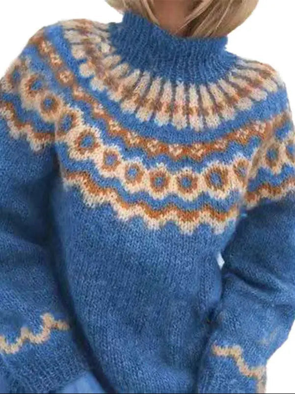 Relaxte pasvorm dames coltrui met traditioneel Scandinavisch patroon, voor stijlvolle herfst- en wintermode.