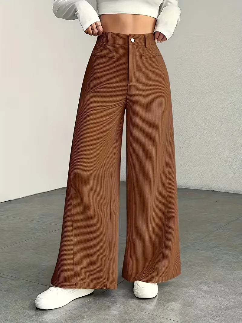 Voorjaars/herfst damesbroek: wide leg, hoge taille, corduroy, elastisch.