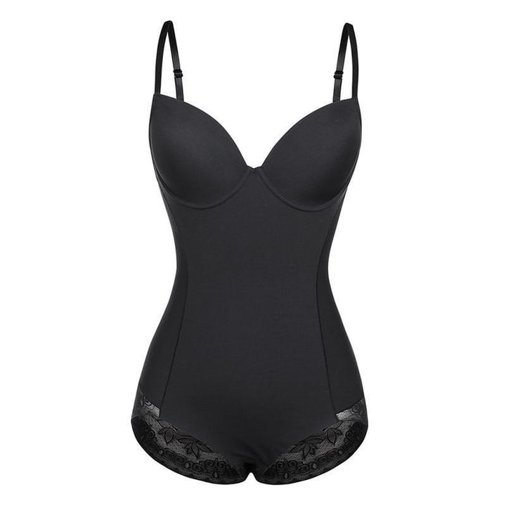Zwarte figuurcorrigerende bodyshaper voor dames, met buik- en borstlift, naadloos ondergoed voor optimale comfort.