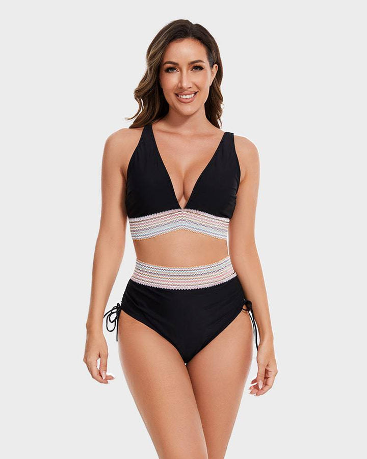 Modieuze dames highwaist bikini met corrigerend effect en kleurblok ontwerp