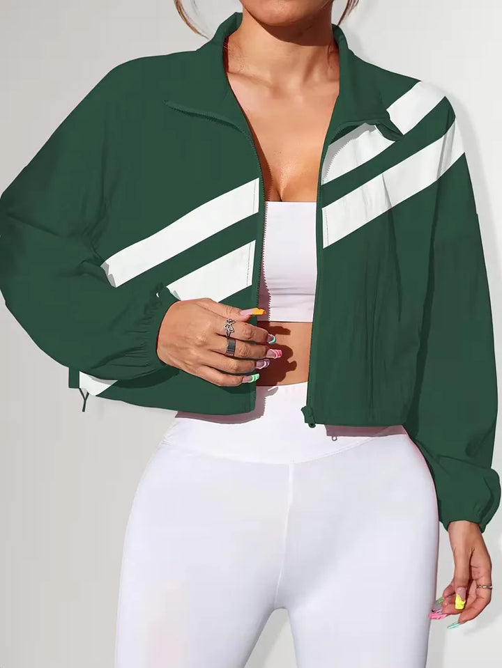 Cropped dames sportjas, verstelbaar, met stijlvolle mandarijnkraag en rits.