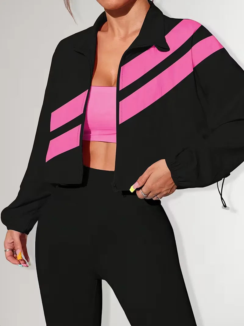 Casual dames track jacket, cropped, met diagonale strepen en rits.