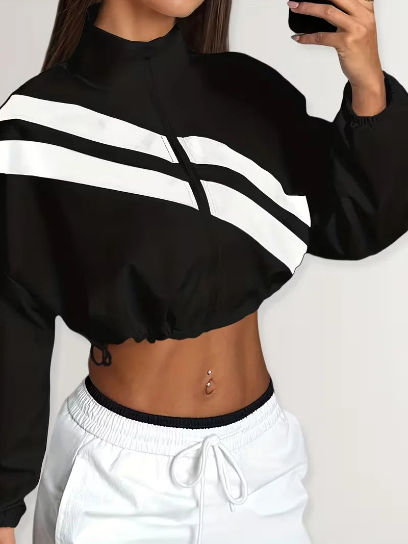 Dames cropped track jacket, verstelbaar, met rits, mandarijnkraag en trendy design.
