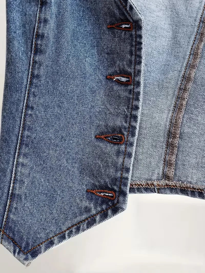 Casual dames denim gilet in koningsblauw met V-hals en puntige zoom, een modern mouwloos bovenstuk voor dames.