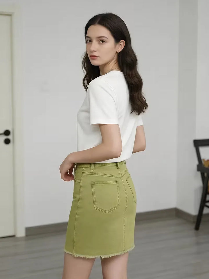 Matcha groene denim minirok, hoge taille, vervaagd effect, perfecte zomerrok, comfortabel.