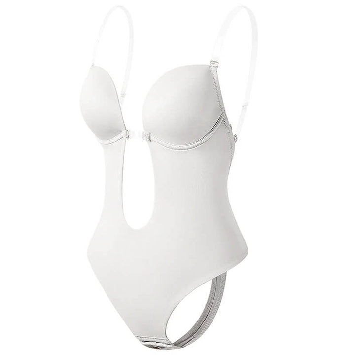 Dames corrigerende body in beige, met diepe V en rugloos ontwerp voor optimale ondersteuning.