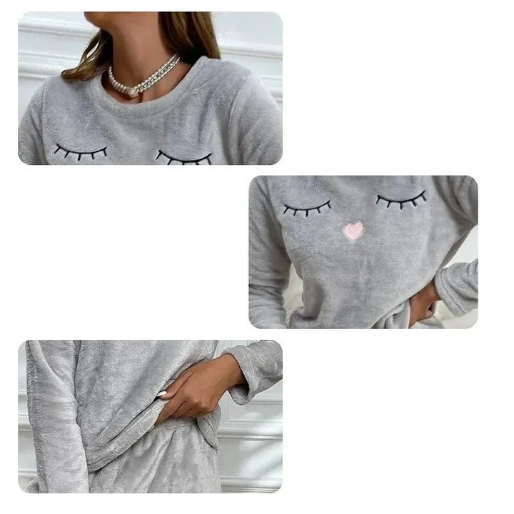 Dikke en warme dames pyjamaset in grijs, comfortabele polyester loungewear voor de winter.