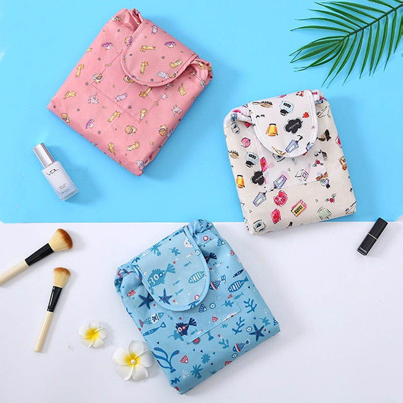 Opvouwbare trekkoord cosmetica tas voor dames, met waterdicht patroon. Praktisch opbergen van make-up.