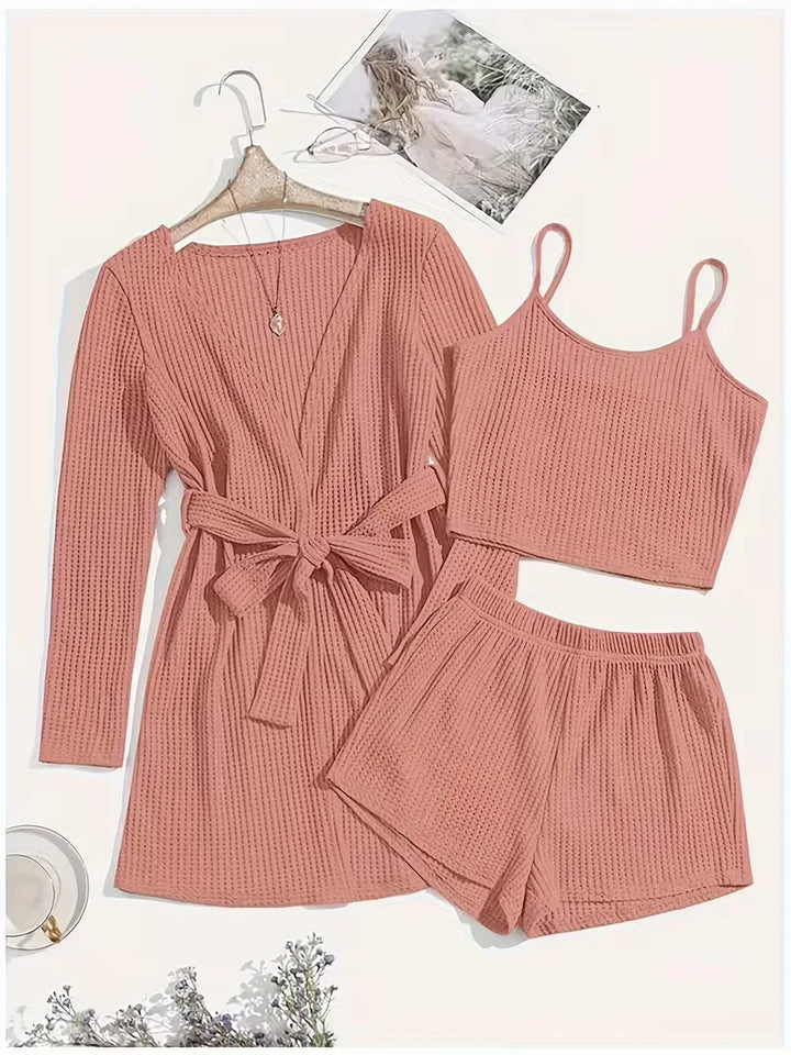 Groene dames relaxkleding set met wafelstructuur, ideaal voor comfortabele zomerdagen.