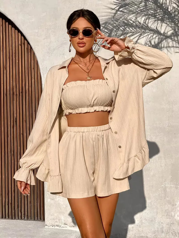 Modieuze driedelige dames zomer set met ruches; ideaal voor strand, vakantie of casual loungewear.