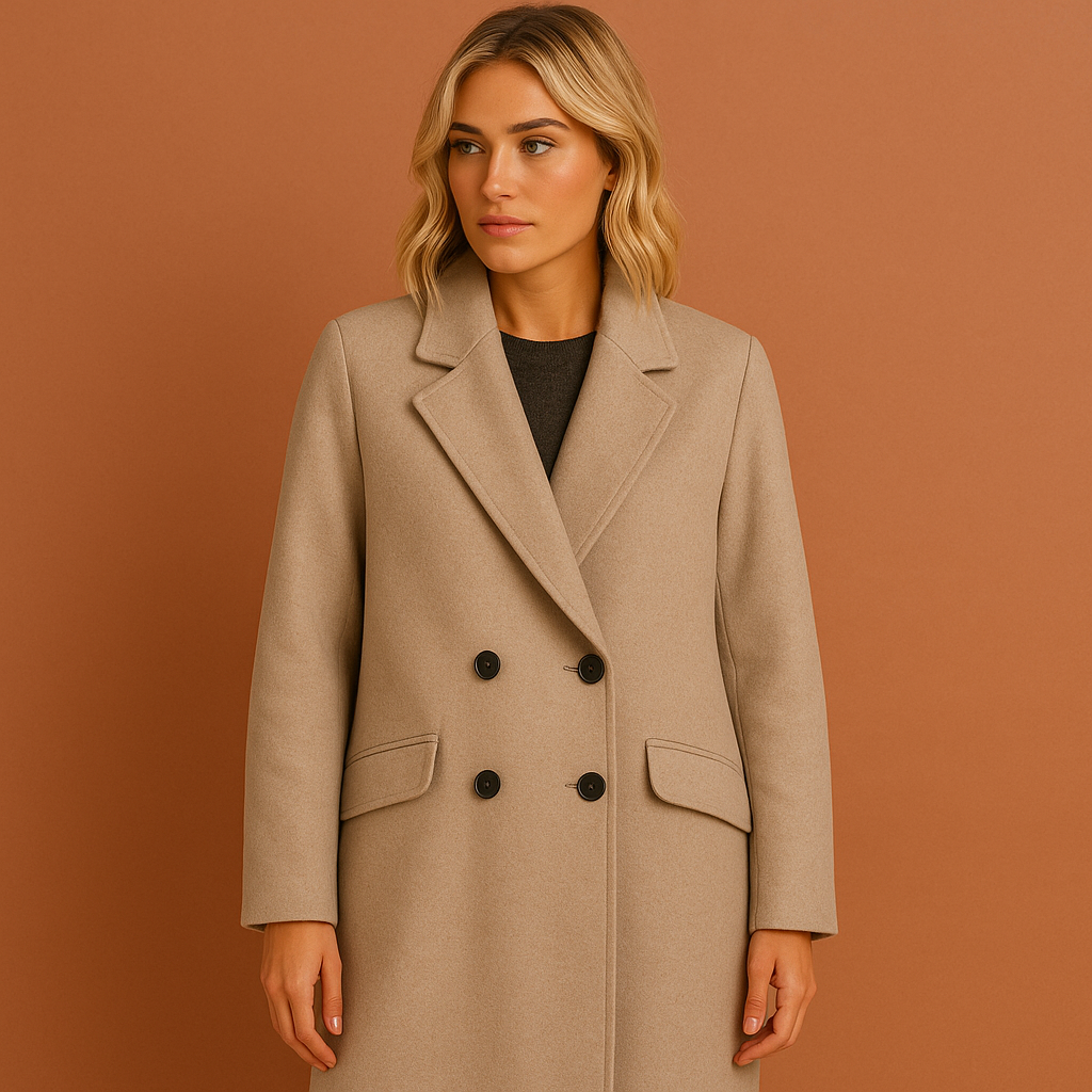 Elegante lange dames mantel met perfecte pasvorm, dubbelgeknoopte winterjas voor een modieuze look.
