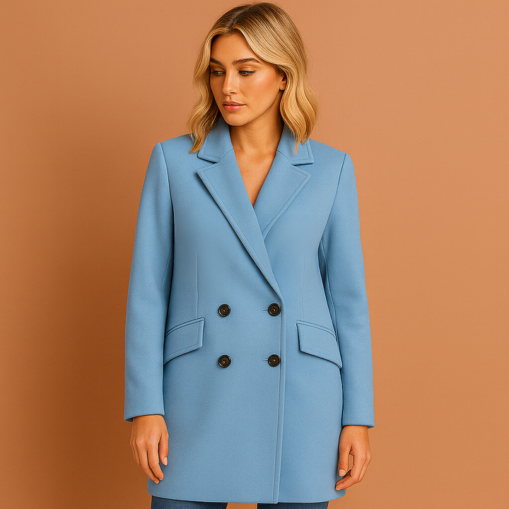 Lange dames winterjas met elegante pasvorm en dubbelgeknoopte sluiting, ideaal voor de koudere dagen.