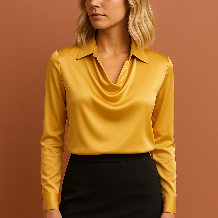 Veelzijdige damesblouse: comfortabel, chique design met gedrapeerde hals en lange mouwen.