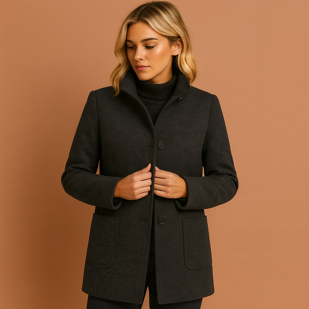 Dames lange winterjas met elegante knopen, geschikt voor elke stijlvolle gelegenheid.