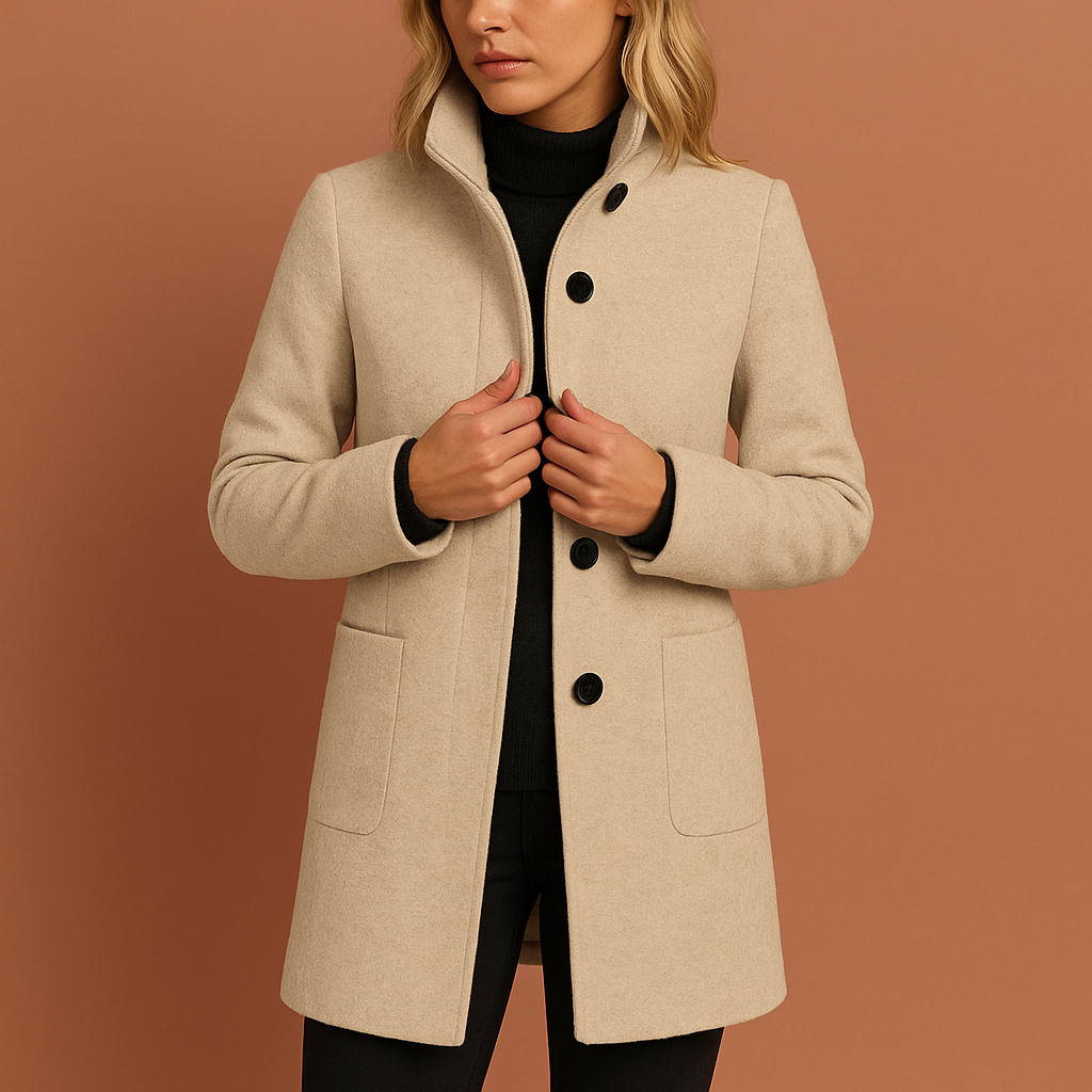 Verfijnde lange manteljas voor dames, met klassieke knopen; warme bovenkleding.